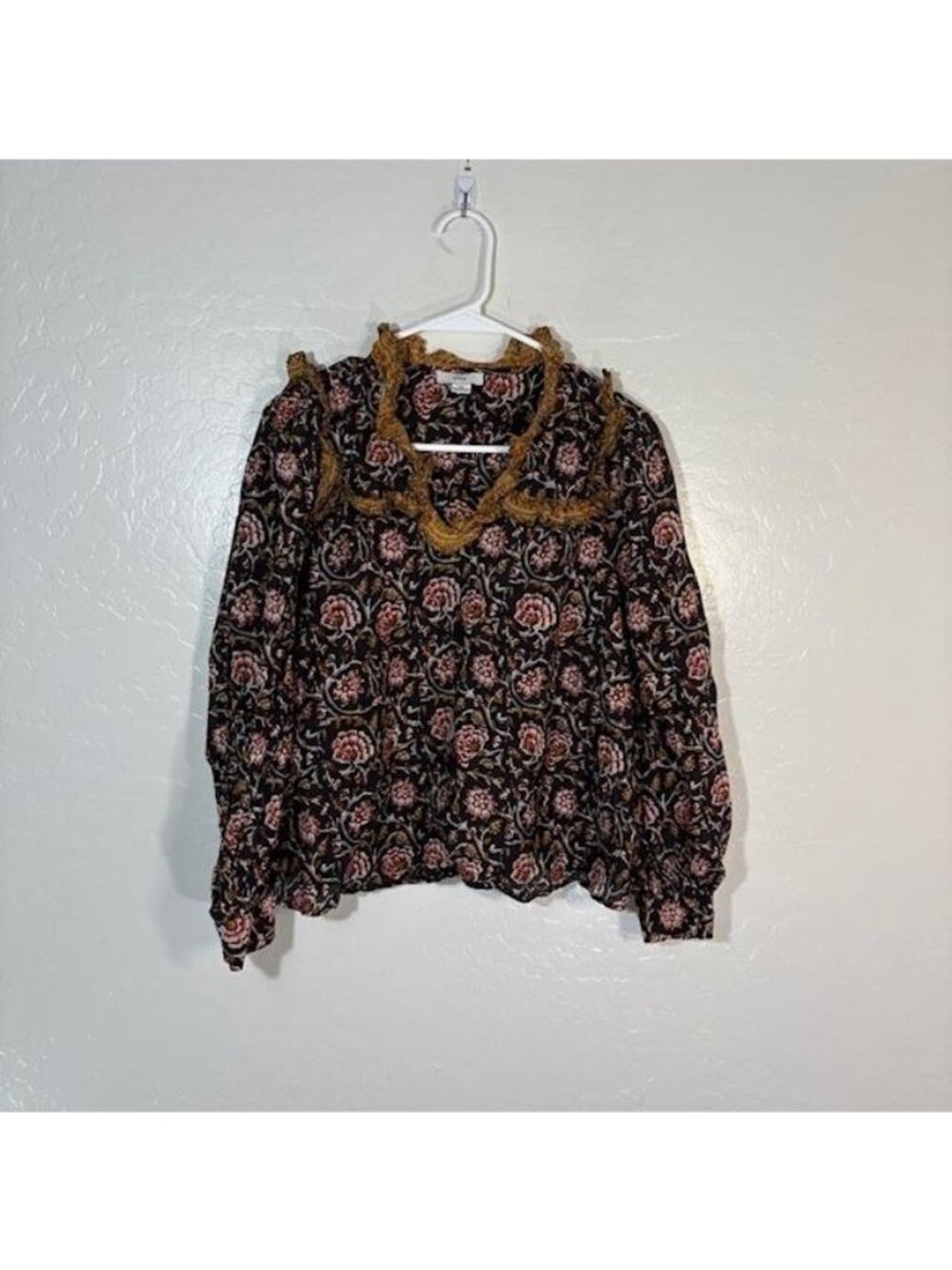 Othilia Shirt Womens XS Black Floral Ruffle Trim Long Sleeve 100% Cotton Boho